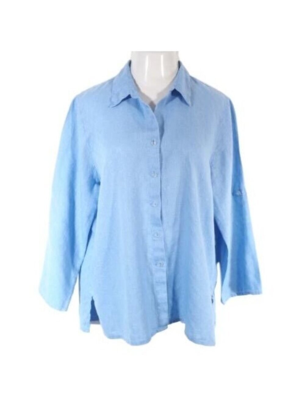 Sag Harbor Womens Top Size XL Washable Linen Basket Weave Faux Roll Tab Blue